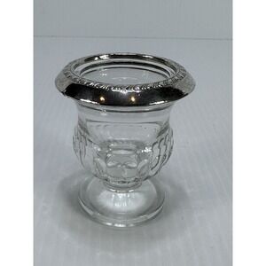 LITTLE ANTIQUE PRESSED GLASS TOOTHPICK URN CUP STERLING SILVER RIM MARKED